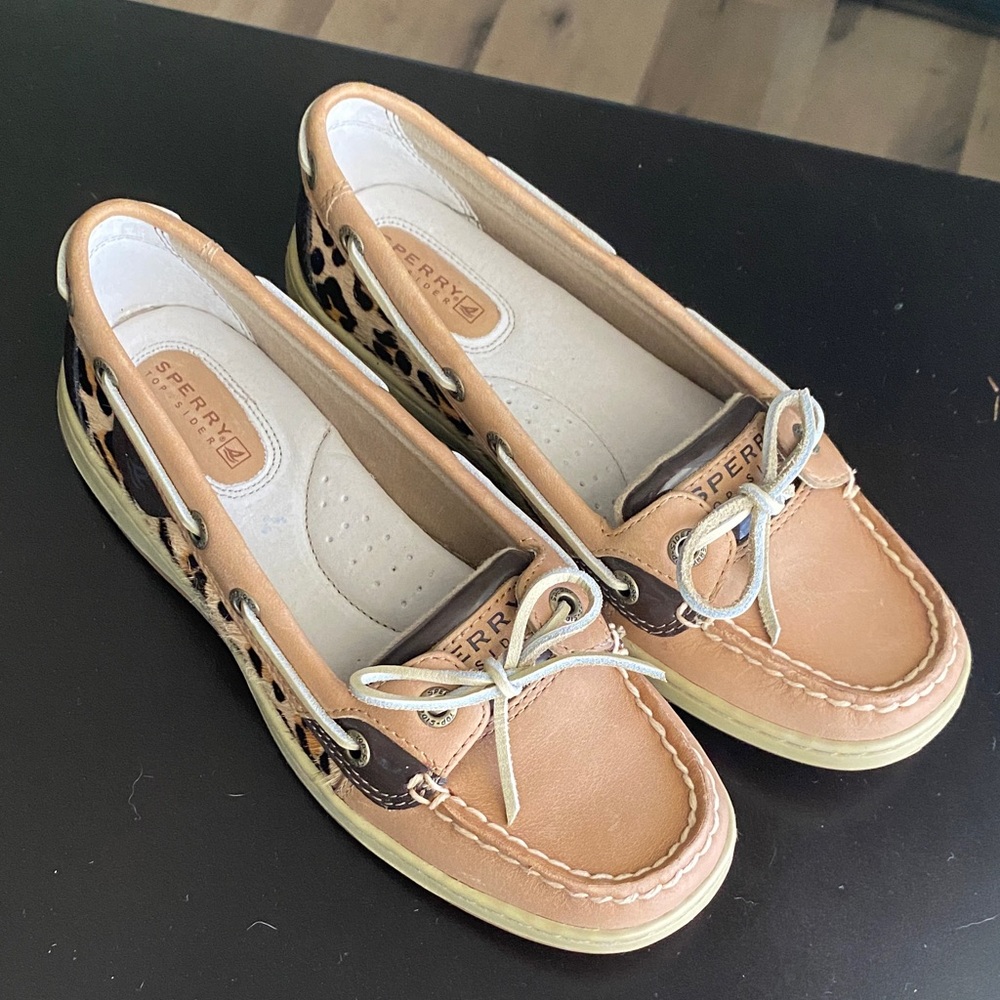 Sperry Leopard-Trim Tan Leather Boat Moccasins
